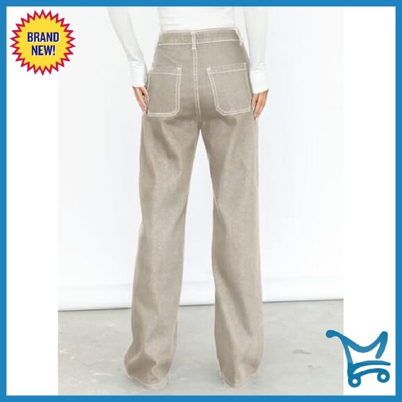 Mid Waist Cargo Jeans Stretch Button Wide Leg Denim Pants - Picture 5 of 8